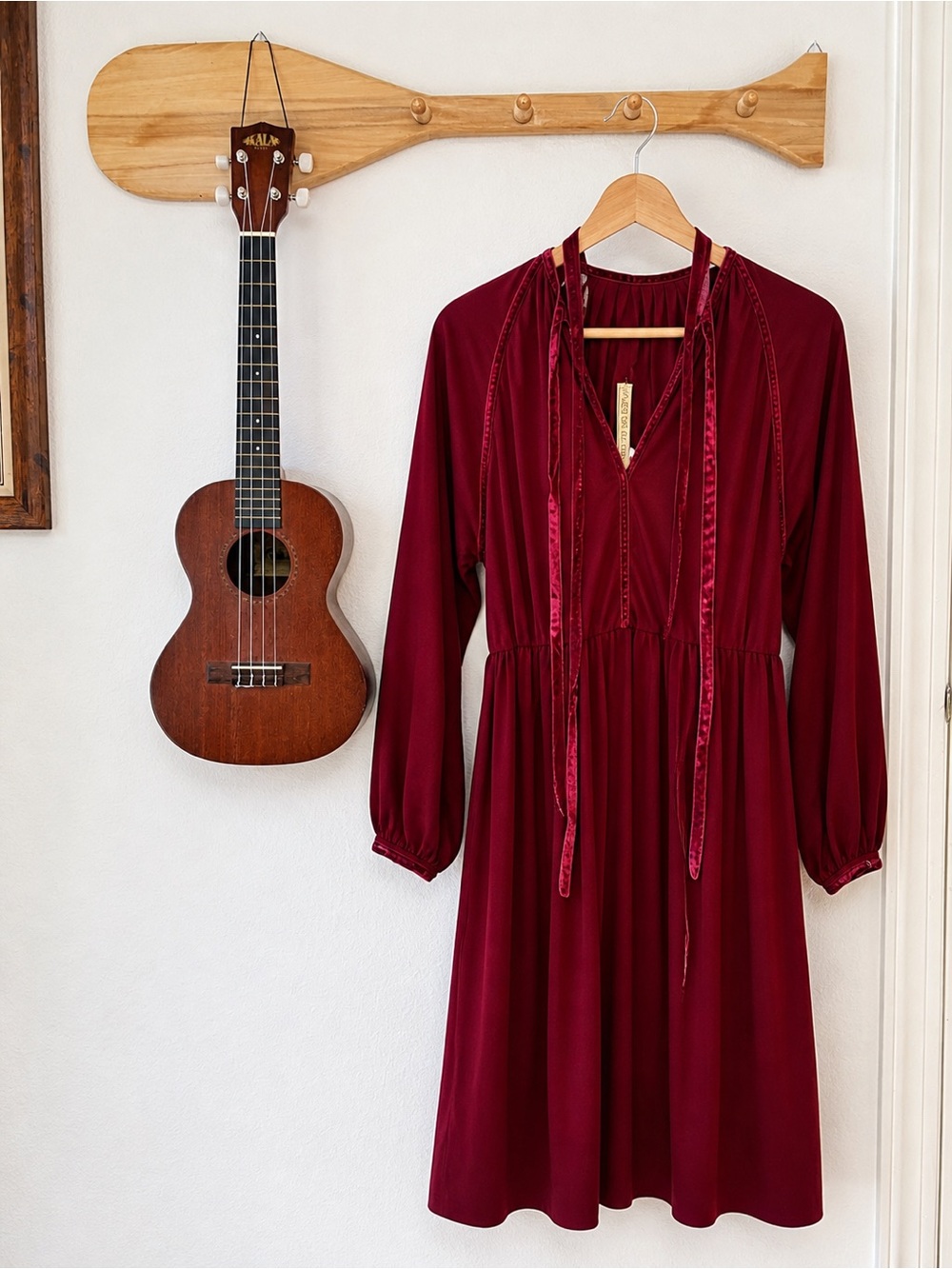 Vintage 1970s James Daugherty Burgundy Velvet Trim Boho Romantic Designer Dress